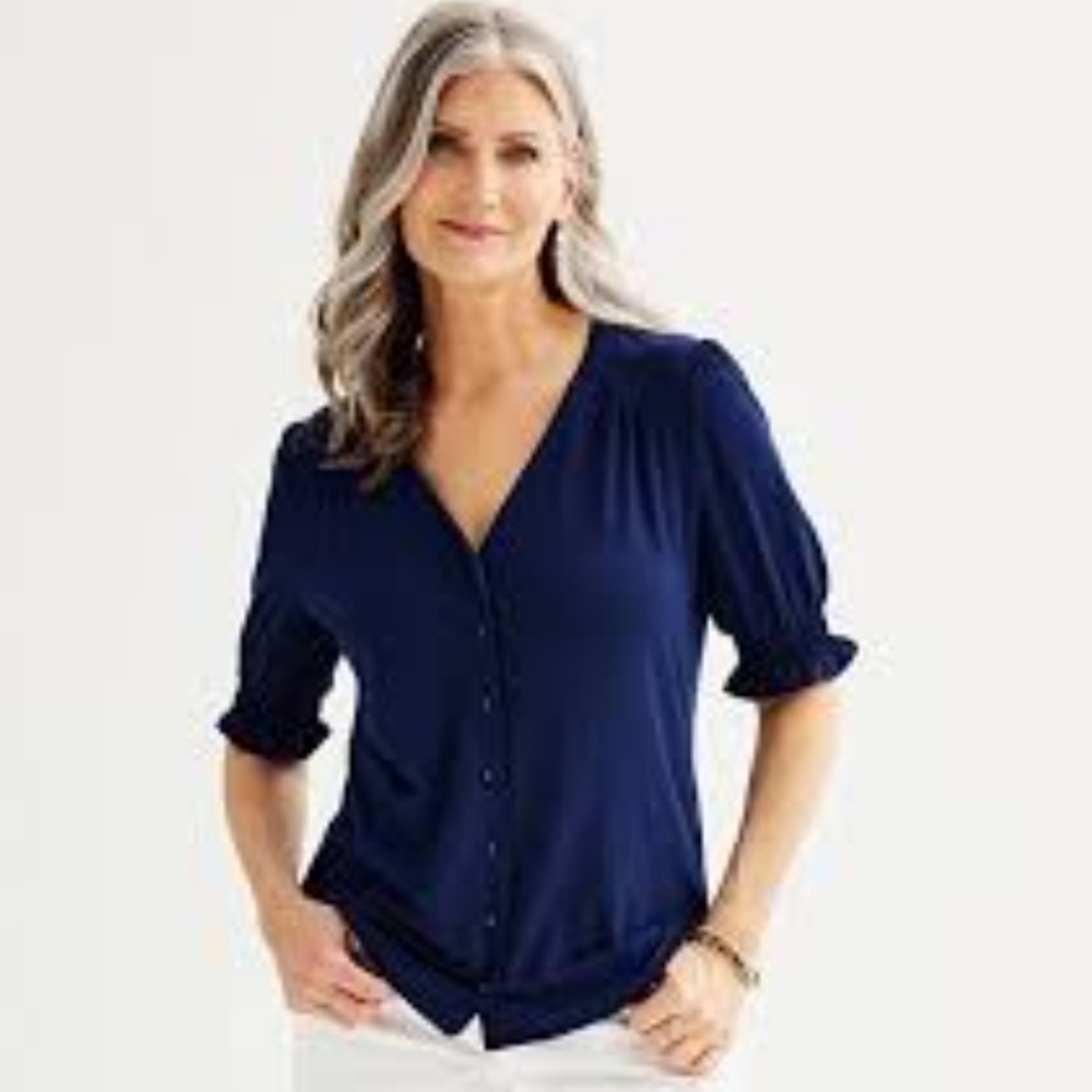 Croft & Borrow Women's V-Neck Short Ruffle Sleeve Button Down Navy Top Sz XL